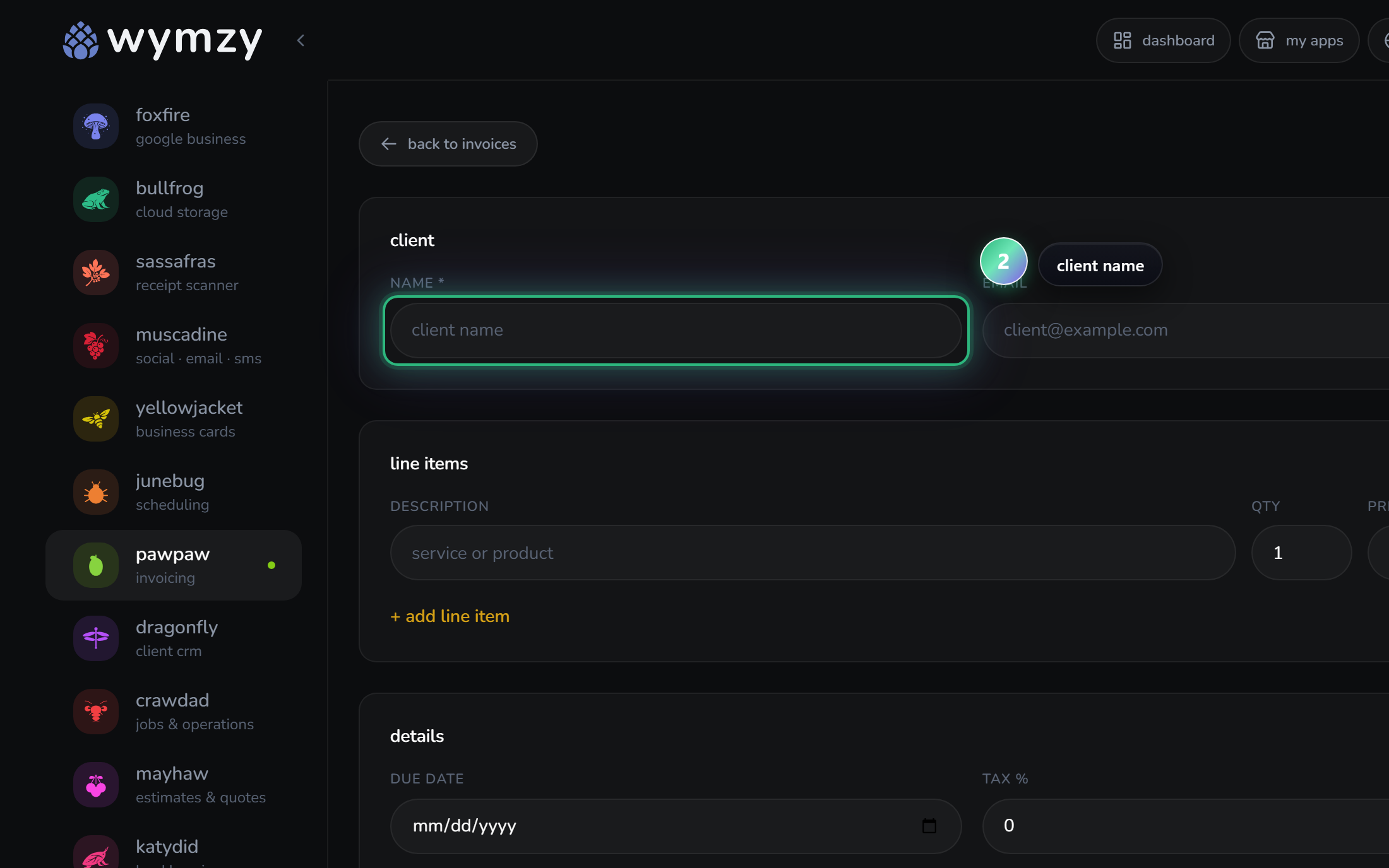 fill in client and line items — step 2